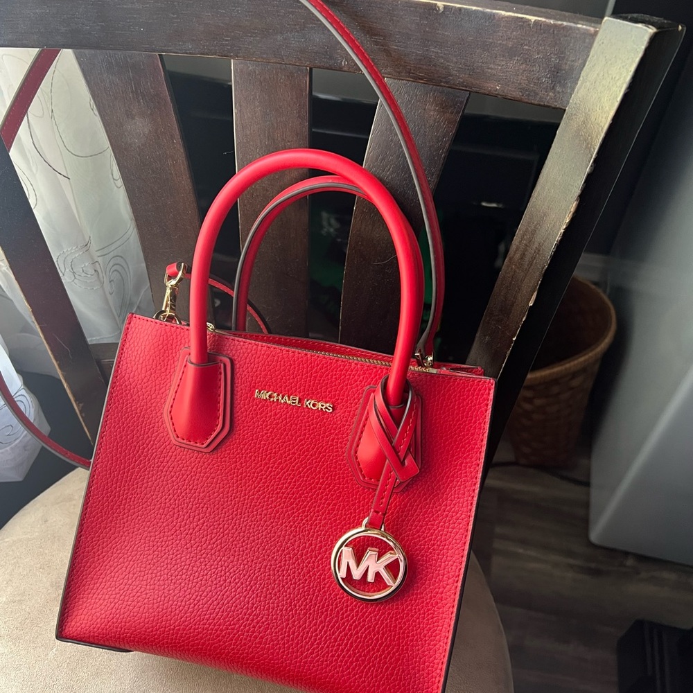 Michael Kors Red Pebbled Leather Satchel with Gold MK Charm